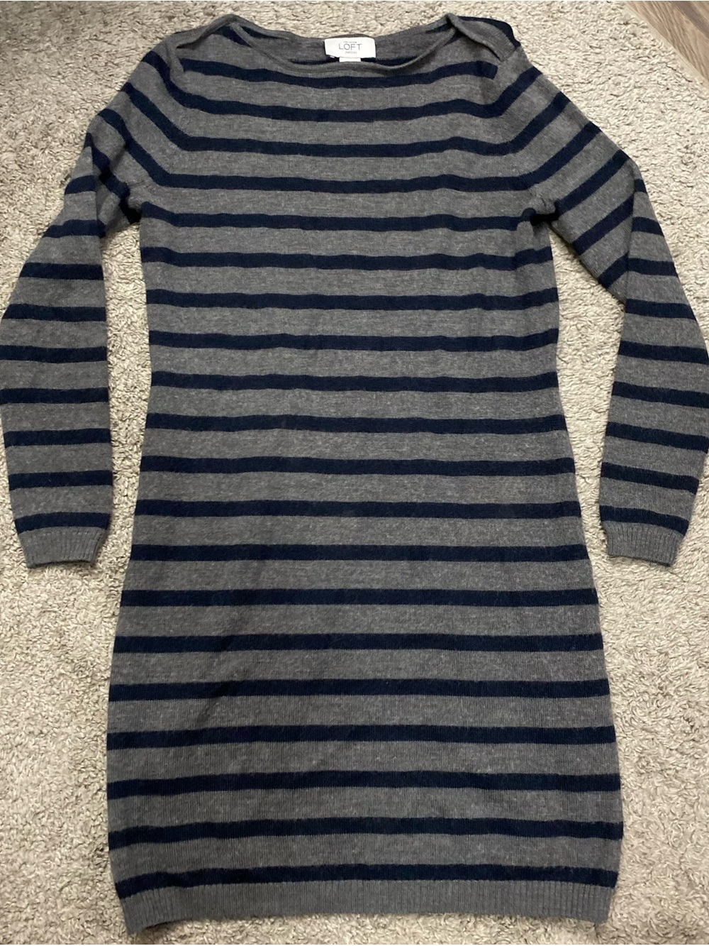 LOFT Gray and Navy Striped Crewneck Sweater Dress